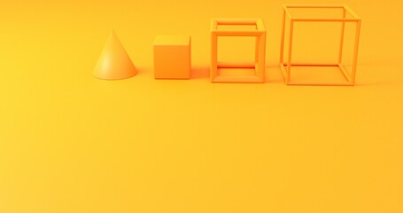 Yellow Abstract 3d rendering of geometric shapes. Computer generated minimalistic background with wire cubes and cube,cone 8K high resolution JPEG
