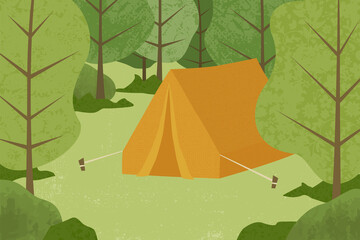 An outdoor camping scene in a cut paper style with textures

