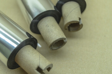 Obraz premium Thermal transfer ribbon - TTR. Wax thermo ribbon on cardboard reel for barcode. Supply material for printing industry. Selective focus