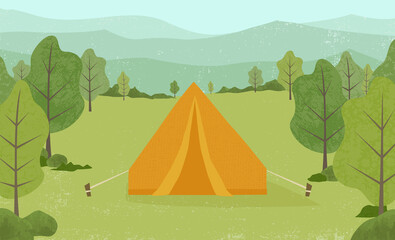 An outdoor camping scene and mountains in a cut paper style with textures
