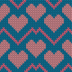 Materiał do szycia Hygge heart knit scandinavian vector seamless pattern. Knitted texture valentine