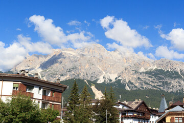 Cima Tofana mountain panorama view with houses in Cortina d'Ampezzo, Italy
