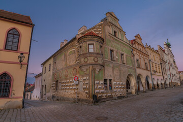 Fototapeta na wymiar Telc old historical town in winter frosty morning before sunrise