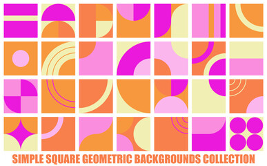 Simple square geometric backgrounds bundle. Modern Bauhaus elements pattern with circles, lines and squares. Set with different minimal graphic shapes, mid century design elements. Vector illustration
