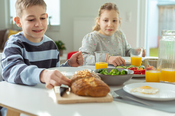 Obraz na płótnie Canvas Teen brother and sister having healthy breakfast at home