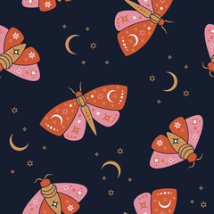 Vector seamless pattern. Celestial butterfly and luna with stars. Mystical insect luna moth, moon, stars on dark background. Design for magic print, fabric, wallpaper, textile, magical decor.