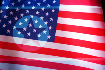 Fototapeta premium north korea flag and usa united states of america flag, crisis north korean for nuclear atomic bomb risk war
