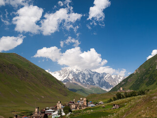 Fototapeta na wymiar Mount Shkhara and Ushguli village in Svaneti