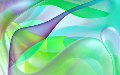 3d render abstract art of surreal 3d background in curve wavy organic biological lines forms in transparent rubber plastic material with multi layer effect in green and azure blue color gradient  