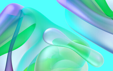 3d render abstract art of surreal 3d background in curve wavy organic biological lines forms in transparent rubber plastic material with multi layer effect in green and azure blue color gradient  