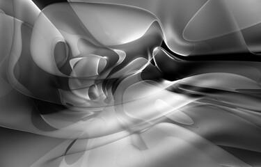 3d render of monochrome black and white abstract art 3d background with part of surreal alien flower in curve wavy elegance organic biological lines forms in transparent plastic material in the dark 