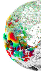 3d render abstract art with part of surreal ball or sphere based on splashing liquid small balls spheres or bubbles particles in motion green red yellow mixed gradient color on isolated white 