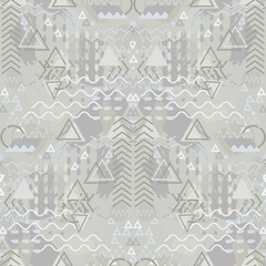 Abstract Memphis style vector seamless pattern. Textural 80s reflective design background. Modern backdrop with scattered circles, zigzag, wave, triangles, lines, paint shapes. Neutral texture repeat