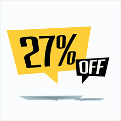 27% off discount sticker sale yellow tag isolated vector illustration. discount offer price label, vector price discount symbol floating