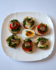 On the plate are sandwiches with tomatoes, cucumbers. Between them is a boiled egg. On white background.