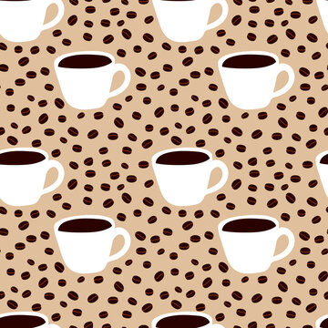 A set of vector seamless pattern of white mugs and coffee beans on a background. The coffee concept.