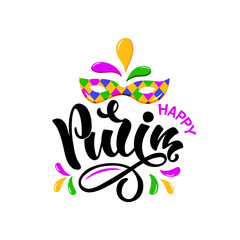 Obraz premium Purim hand drawn lettering text. Jewish Holiday greeting card. Modern brush ink calligraphy. Typography design for card, poster, logo. Vector bright colorful illustration isolated on white background 