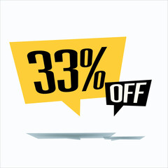 33% off discount sticker sale yellow tag isolated vector illustration. discount offer price label, vector price discount symbol floating