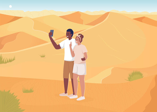 Desert holiday destination flat color vector illustration. Warm place for vacation. Young man and woman posing for picture 2D simple cartoon characters with sandy landscape on background