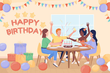 Birthday party flat color vector illustration. Young people meeting to greet friend. Home party 2D simple cartoon characters celebrating with decorated room on background. Fredoka One font used