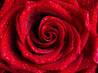 Drops of morning dew on a blooming red rose in the garden. High quality photo