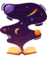 book reveals other worlds, space and planets, fantasy and reading - vector illustration in flat style with gradients