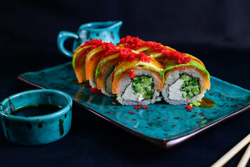 rolls with salmon and avocado and cheese