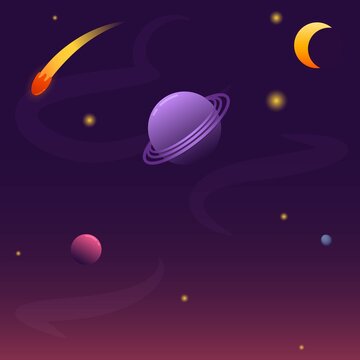 outer space with planets, kamet, stars - vector illustration in flat style with gradients