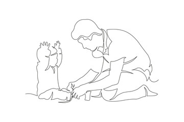 Father tightening shoes to son illustration continuous line drawing. Vector illustration.