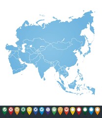 Obraz premium Outline blue map of Asia continent with borders