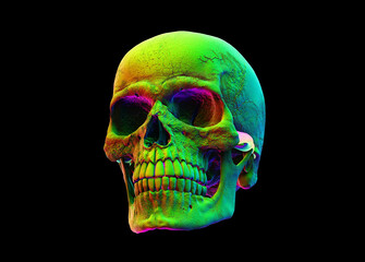 The Iridescent Human skull on Black Isolated Background. The concept art of death, horror. Design for print, poster. A symbol of spooky Halloween, Virus, immortal, pirate. 3d rendering illustration.	