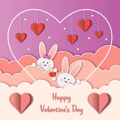 Happy Valentine's Day Rabbits in love paper heart