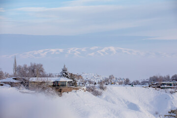 Pigeon Valley and Cave town in Goreme during winter time. Cappadocia, Turkey. Open air museum, Goreme national park. Heavenly landscape