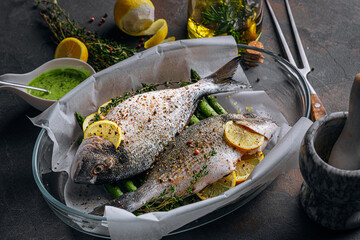 raw baked dorado fish with asparagus and lemon in spices
