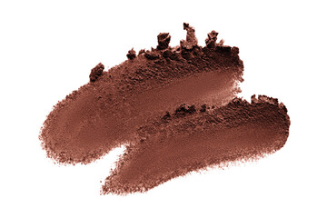 Broken brown eye shadow swatch isolated on white background. Dark chocolate color eyeshadow makeup powder texture
