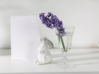 Blank wedding invitation stationery card mockup with envelope on white background with hyacinth flowers, feminine blog. Valentines day card, valentines day background, mothers day.