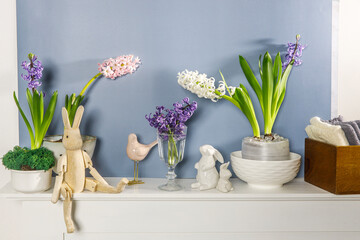 Fototapeta na wymiar White hyacinth in large porcelain bowl, figurines of hares and a bird, are on the fireplace against the dark blue wall. Layout. Spring concept