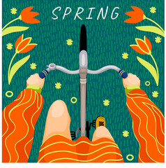 Spring. Vector illustration, a woman on a bicycle with leaves and flowers. Drawings for a poster, postcard or background