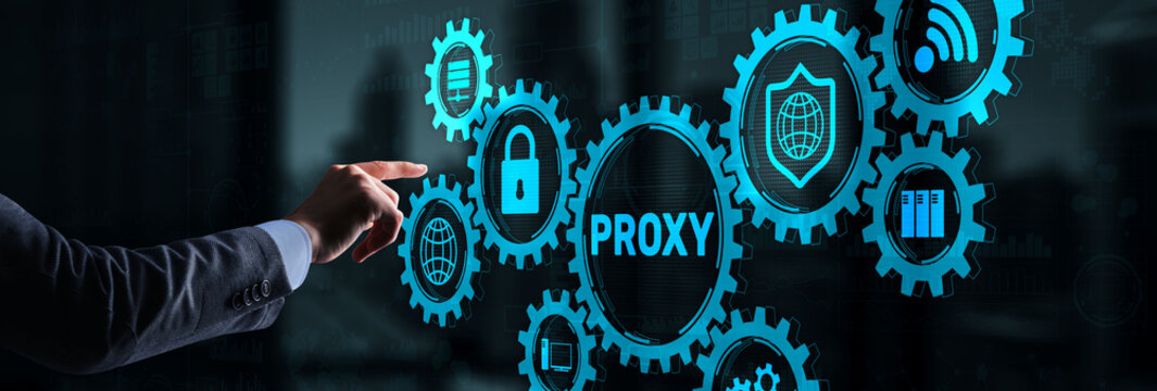 Proxy server. Cyber security. Concept of network security on virtual screen