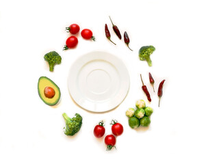 Ingredients for proper nutrition and empty plate on white background. The concept of healthy diet. Close-up