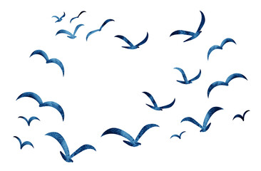Silhouettes of groups of  birds on white. Watercolor