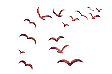 Silhouettes of groups of  birds on white. Watercolor