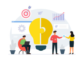 Vector illustration of idea management. Business team develop creative business idea. Business solution.