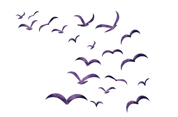 Silhouettes of groups of  birds on white. Watercolor