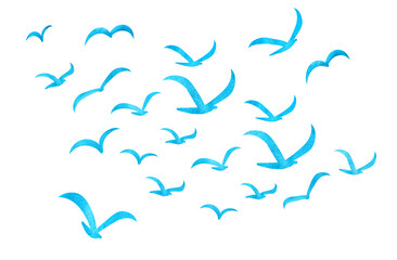 Silhouettes of groups of  birds on white. Watercolor