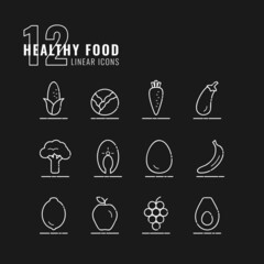 Set of 12 Healthy Food Linear White Icons