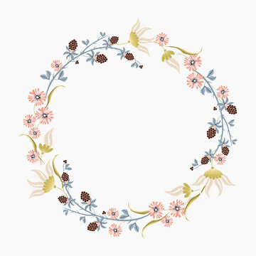 Beautiful vector floral frame. Cute wreath shaped blackberry flowers and berries perfect for banners, wedding invitations, greeting cards, decor in pastel colors on white background