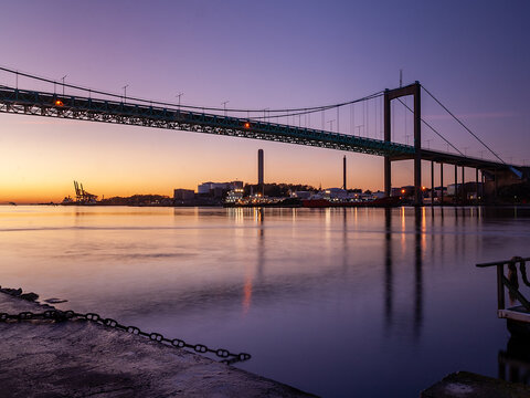 Gothenburg, G&ouml;teborg, Sweden, Sverige, 2011 - Panoramic view of &Auml;lvsborg bridge during colorful sunset.