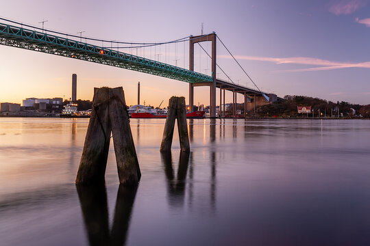 Gothenburg, G&ouml;teborg, Sweden, Sverige, 2011 - Panoramic view of &Auml;lvsborg bridge during colorful sunset.