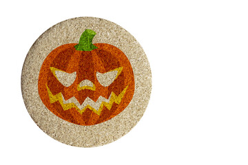 Jack-o-lantern halloween pumpkin,round cork table coaster on a white background